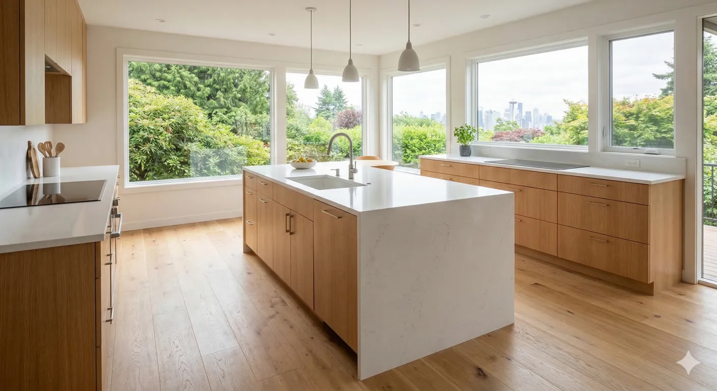 Bright, modern Seattle kitchen with a central quartz island and natural wood cabinetry.
